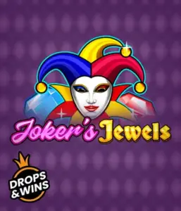 Experience the playful world of Joker's Jewels slot by Pragmatic Play, featuring a mesmerizing joker's mask adorned with a multicolored jester hat. This graphic conveys the fun and excitement of classic slots, set against a deep purple background. Perfect for casino game enthusiasts, offering a thrilling adventure. 